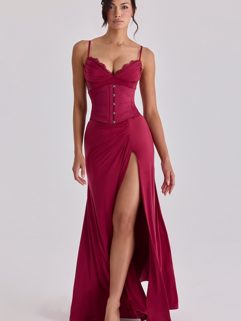 House Of CB Sabrine Wine Lace Trim Maxi Dress + Corset - Picture 3 of 11
